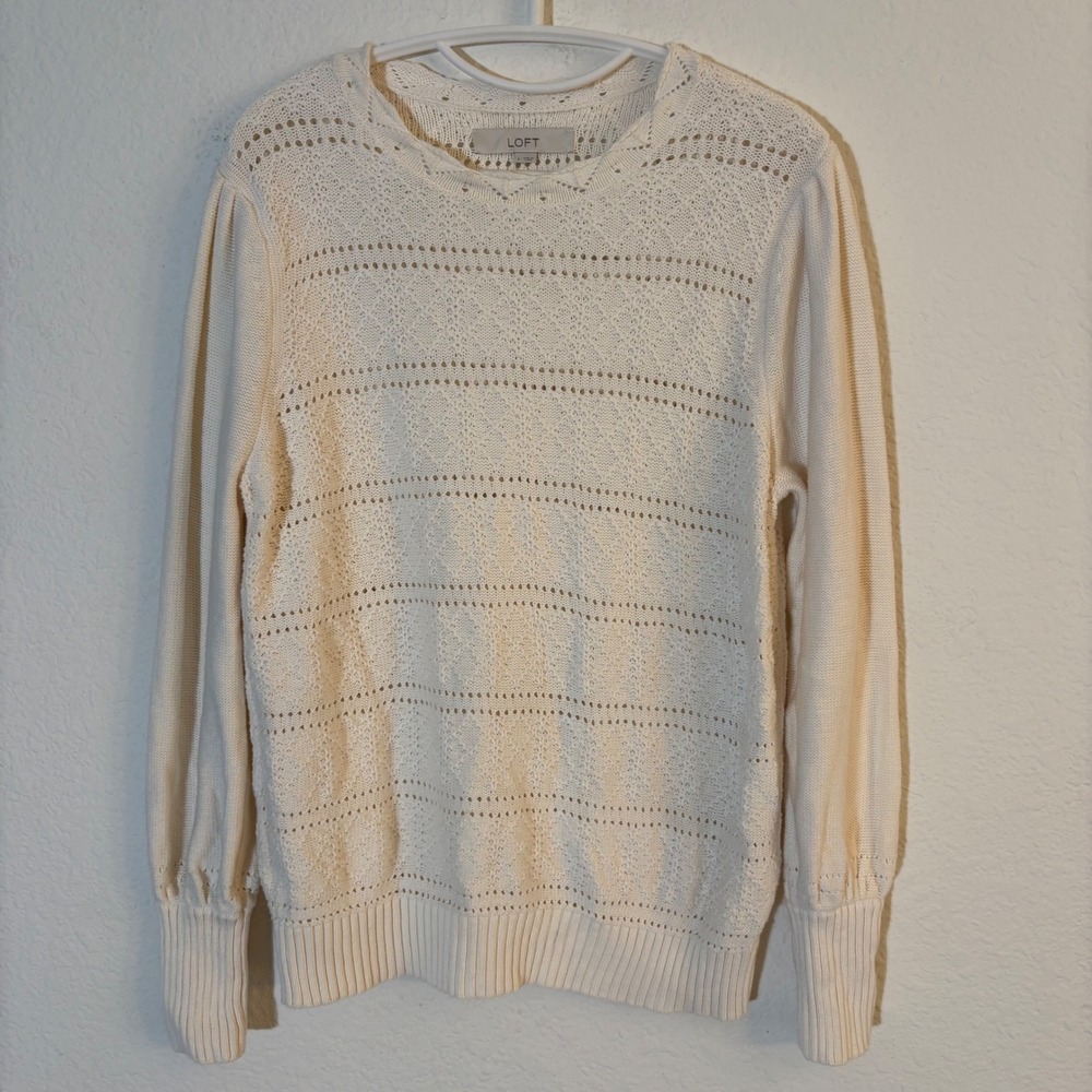 LOFT Pointelle Knit Sweater Women Large Cream Long Sleeve Cotton Crew Neck